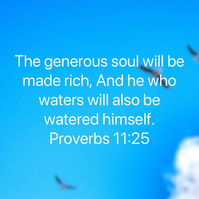 The image has the text of Proverbs 11:25 "The generous soul will be made rich,
And he who waters will also be watered himself."
The background is a photograph of the sky with some gulls. The shot was taken over Henley Beach by Gary Lum.