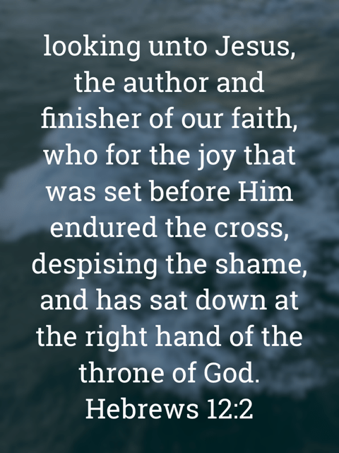 image bears the text:
looking unto Jesus, the author and finisher of our faith, who for the joy that was set before Him endured the cross, despising the shame, and has sat down at the right hand of the throne of God.
Hebrews 12:2
The background is the water at Henley Beach. The photograph was shot by Gary Lum.