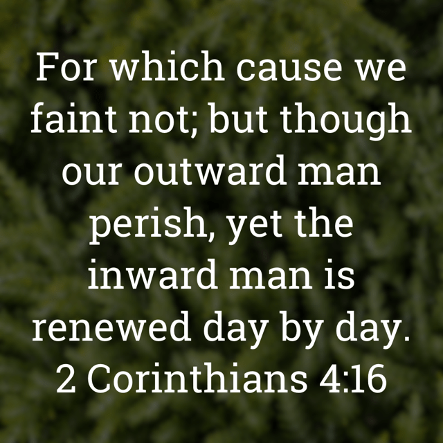 The image bears the text:
For which cause we faint not; but though our outward man perish, yet the inward man is renewed day by day.
2 Corinthians 4:16