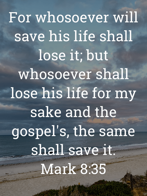The image bears the text:
For whosoever will save his life shall lose it; but
whosoever shall lose his life for my sake and the gospel's, the same shall save it.
Mark 8:35 KJV