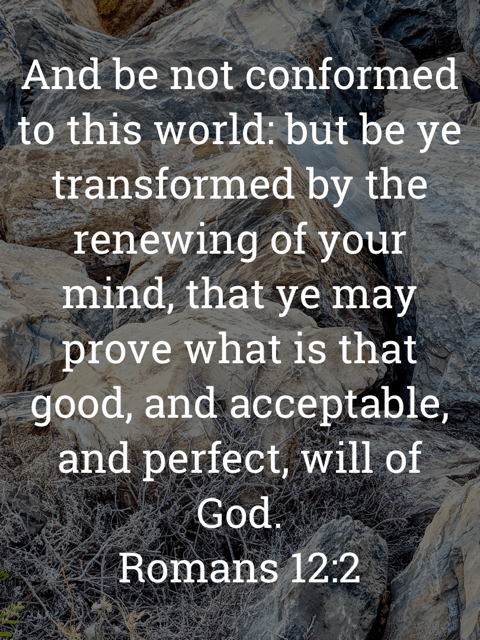 The image bears the text:
And be not conformed to this world: but be ye transformed by the renewing of your mind, that ye may prove what is that good, and acceptable, and perfect, will of God.
Romans 12:2 KJV
The background is a photograph shot by Gary Lum of ricks on Henley Beach.