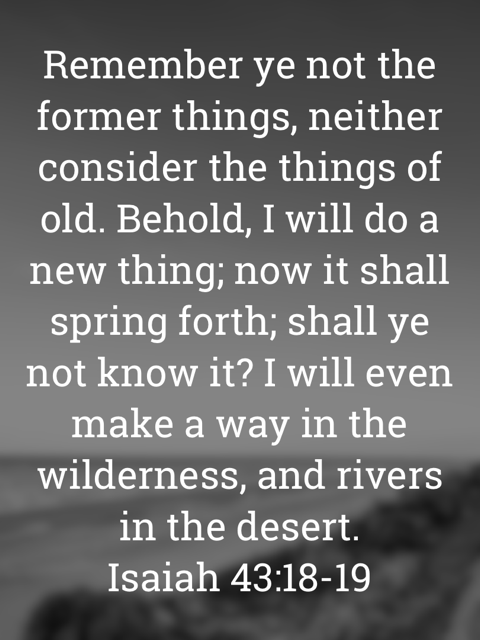 The image bears the text:
Remember ye not the former things, neither consider the things of old. Behold, I will do a new thing; now it shall spring forth; shall ye not know it? I will even make a way in the wilderness, and rivers in the desert.
Isaiah 43:18–19