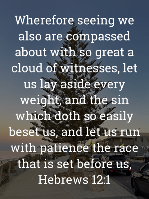 The image bears the text:
Wherefore seeing we also are compassed about with so great a cloud of witnesses, let us lay aside every weight, and the sin which doth so easily beset us, and let us run with patience the race that is set before us,
Hebrews 12:1 KJV