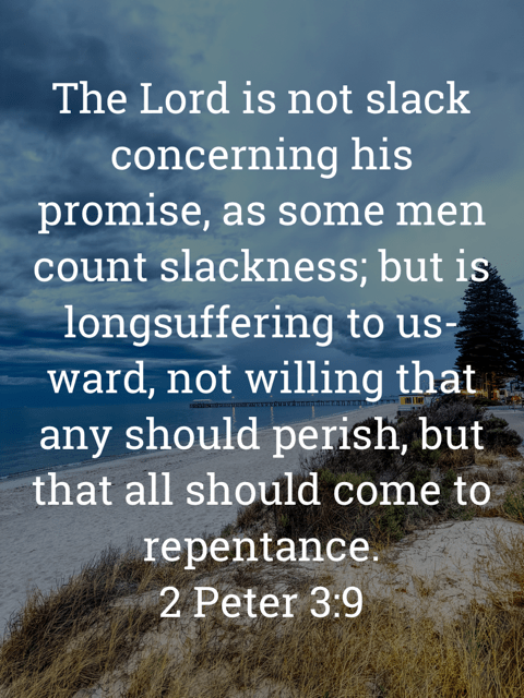 The image bears the text:
The Lord is not slack concerning his
promise, as some men count slackness; but is longsuffering to us-ward, not willing that any should perish, but that all should come to repentance.
2 Peter 3:9 KJV