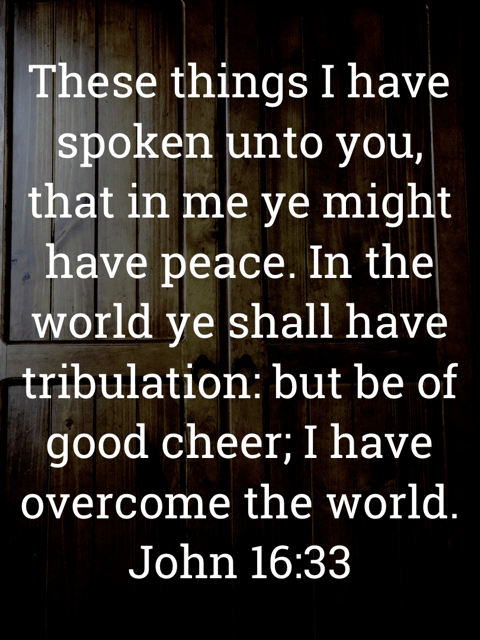 The image bears the text:
These things I have spoken unto you, that in me ye might have peace. In the world ye shall have tribulation: but be of good cheer; I have overcome the world.
John 16:33 KJV