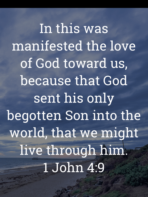 The image bears the text:
In this was manifested the love of God toward us, because that God sent his only begotten Son into the world, that we might live through him.
1 John 4:9 KJV