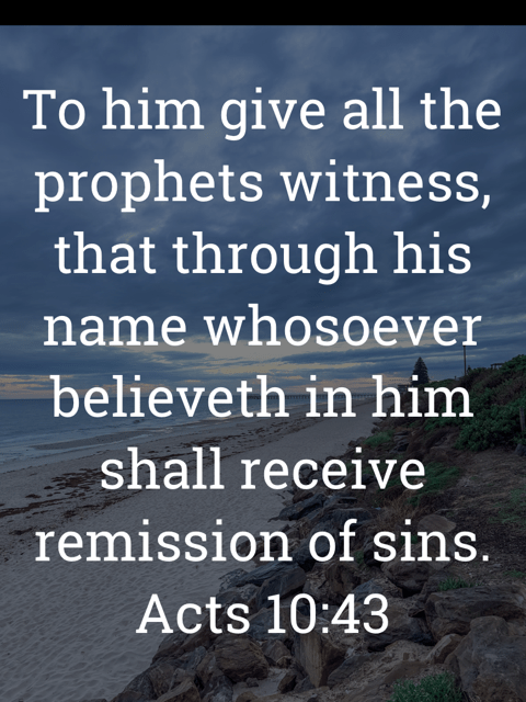 The image bears the text:
To him give all the prophets witness, that through his name whosoever believeth in him shall receive remission of sins.
Acts 10:43 KJV