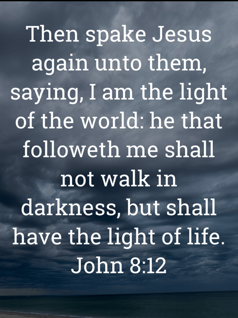 The image bears the text:
Then spake Jesus again unto them, saying, I am the light of the world: he that followeth me shall not walk in darkness, but shall have the light of life.
John 8:12 KJV
