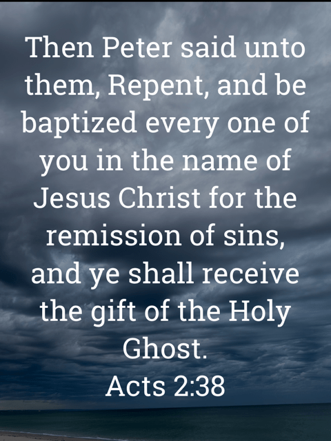The image bears the text:
Then Peter said unto them, Repent, and be baptized every one of you in the name of Jesus Christ for the remission of sins, and ye shall receive the gift of the Holy Ghost.
Acts 2:38 KJV