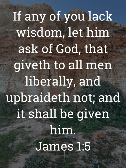 The image bears the text:
If any of you lack wisdom, let him ask of God, that giveth to all men liberally, and upbraideth not; and it shall be given him.
James 1:5 KJV