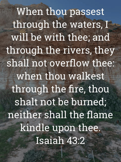 The image bears the text:
When thou passest through the waters, I will be with thee; and through the rivers, they shall not overflow thee: when thou walkest through the fire, thou shalt not be burned; neither shall the flame kindle upon thee.
Isaiah 43:2 KJV