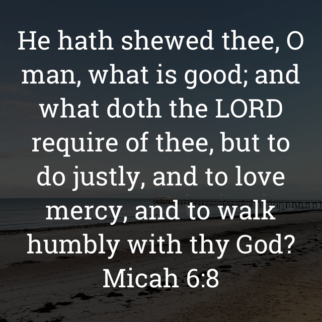 The image bears the text:
He hath shewed thee, O man, what is good; and what doth the LORD require of thee, but to do justly, and to love mercy, and to walk humbly with thy God?
Micah 6:8 KJV