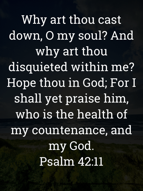 The image bears the text:
Why art thou cast down, O my soul? And why art thou disquieted within me?
Hope thou in God; For I shall yet praise him, who is the health of my countenance, and my God.
Psalm 42:11 KJV