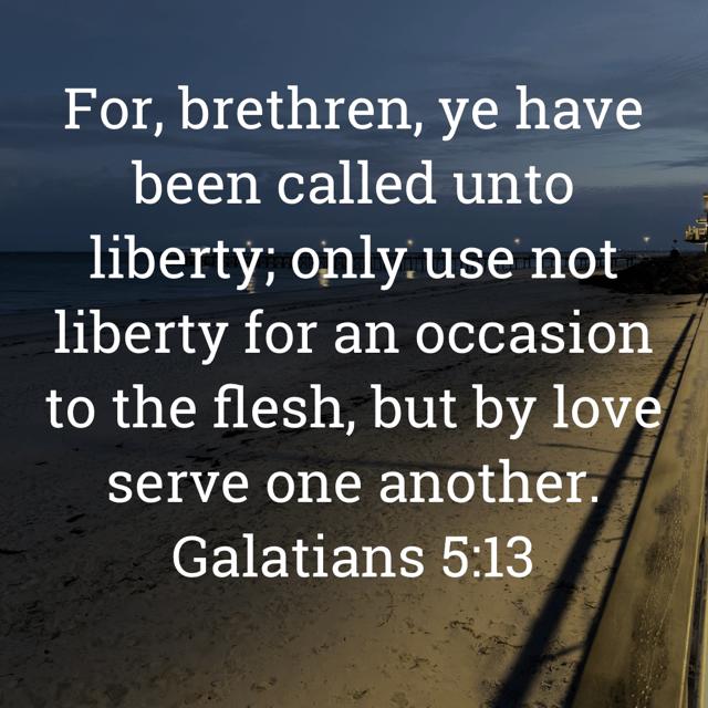 The image bears the text:
For, brethren, ye have been called unto liberty, only use not liberty for an occasion to the flesh, but by love serve one another.
Galatians 5:13 KJV