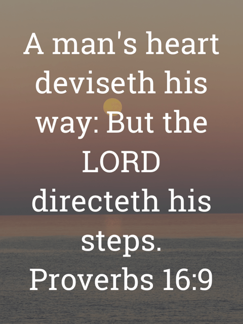 The image bears the text:
A man's heart deviseth his way: But the LORD directeth his steps.
Proverbs 16:9 KJV