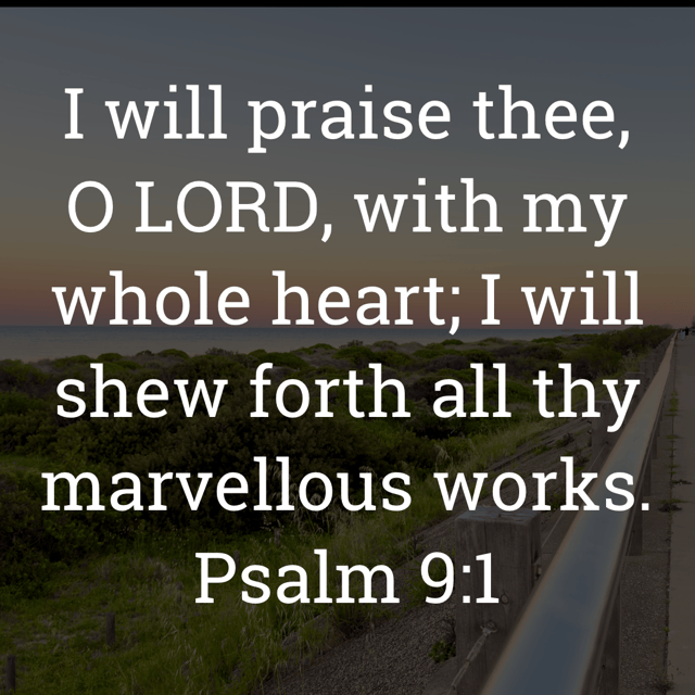 The image bears the text:
I will praise thee, O LORD, with my whole heart; I will shew forth all thy marvellous works.
Psalm 9:1 KJV