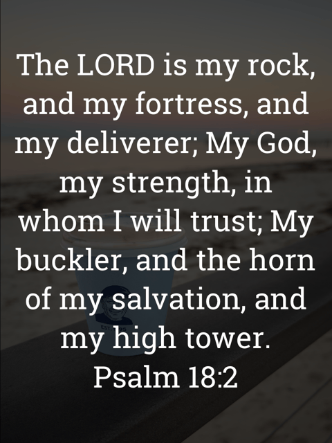 The image bears the text:
The LORD is my rock, and my fortress, and my deliverer; My God, my strength, in whom I will trust; My buckler, and the horn of my salvation, and my high tower.
Psalm 18:2 KJV