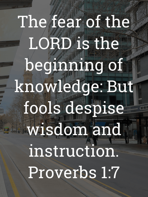 The image bears the text:
The fear of the LORD is the beginning of knowledge: But fools despise wisdom and instruction.
Proverbs 1:7 KJV