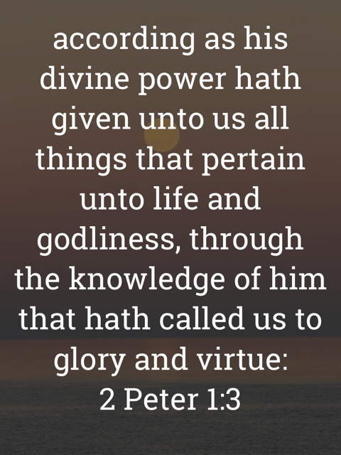 The image bears the text:
according as his divine power hath given unto us all things that pertain unto life and godliness, through the knowledge of him that hath called us to glory and virtue:
2 Peter 1:3 KJV