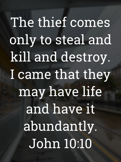 The image bears the text:
The thief comes only to steal and kill and destroy.
I came that they may have life and have it abundantly.
John 10:10 ESV