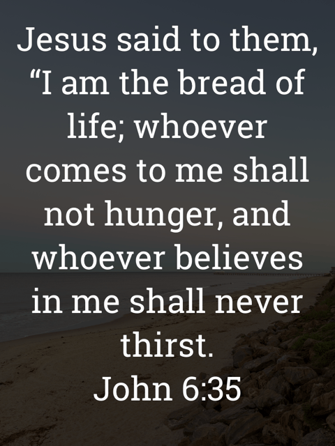 The image bears the text:
Jesus said to them, "I am the bread of life; whoever comes to me shall not hunger, and whoever believes in me shall never thirst.
John 6:35 ESV