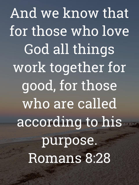 The image bears the text:
And we know that for those who love God all things work together for good, for those who are called according to his purpose.
Romans 8:28 ESV