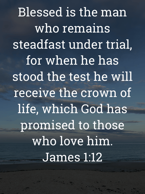 The image bears the text:
Blessed is the man who remains
steadfast under trial, for when he has stood the test he will receive the crown of life, which God has promised to those who love him.
James 1:12 ESV